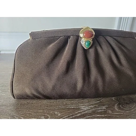 Vintage Judith Leiber Brown Fabric Clutch Crossbody Gold Chain Gemstone Clasp